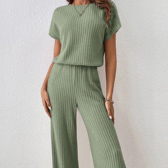Grass Green Solid Color Ribbed Short Sleeve Wide Leg - Picture 2 of 4